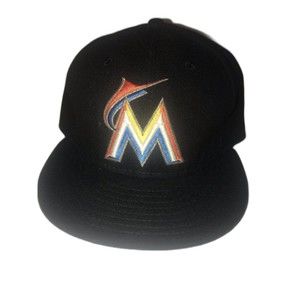 New Era Miami Marlins Black Fitted Hat 59fifty Size 7 1/2 Official On Field